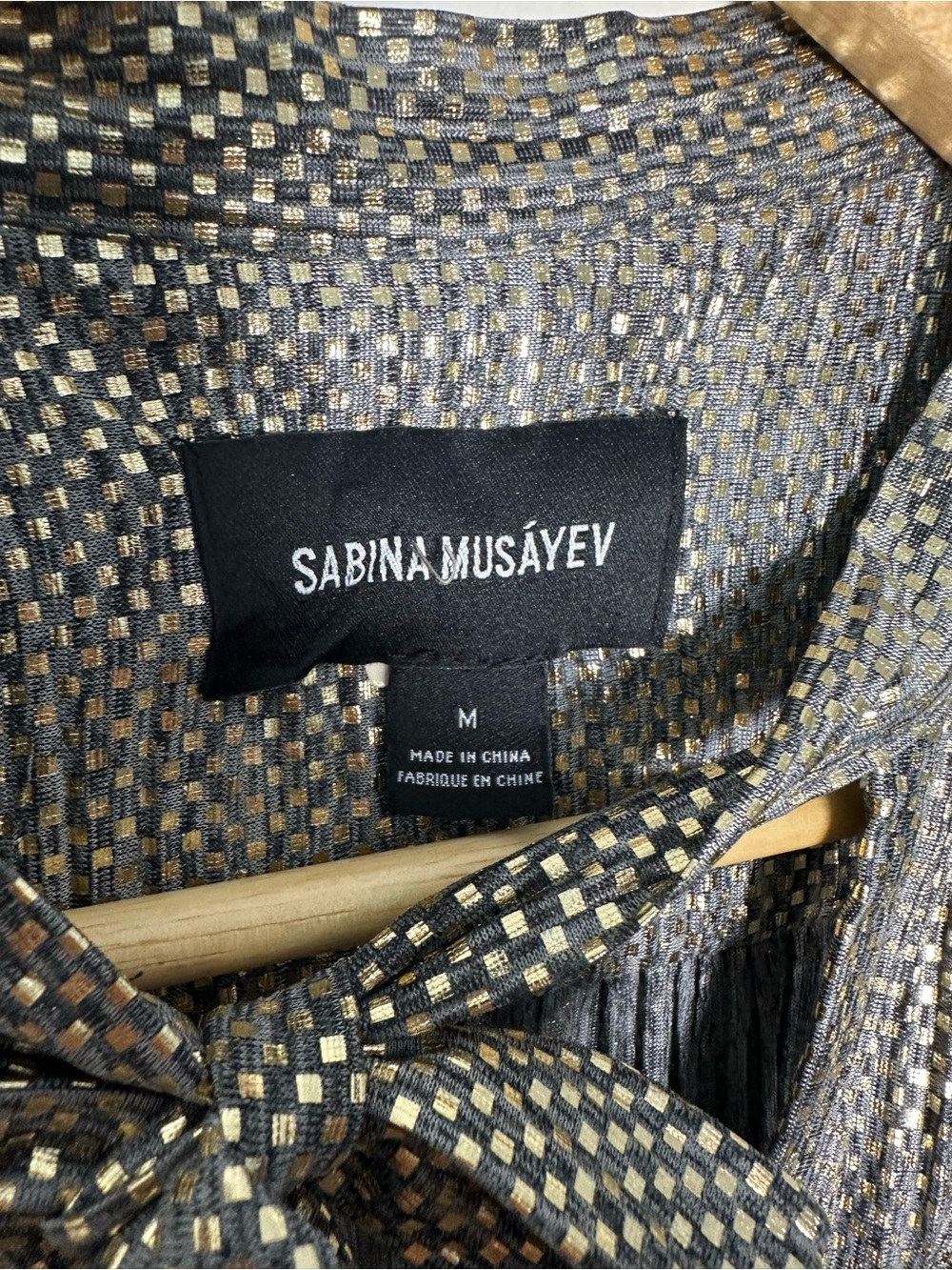 Sabrina Musayev Metallic Pleated Blouse Womens Medium Gold Silver Tie Neck Top - Picture 4 of 7